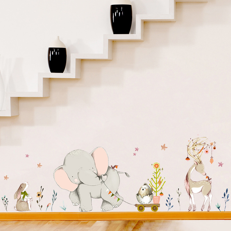 Baby Nursery Mural Wallpaper - Autocollants muraux joyeux bébé éléphant lapin,