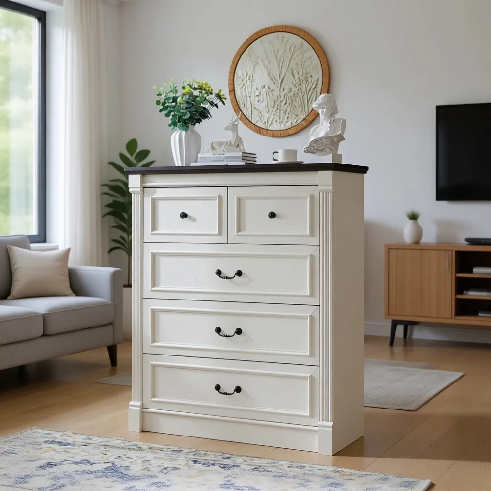 Drawer Dresser White - Commode à 5 tiroirs pour chambre