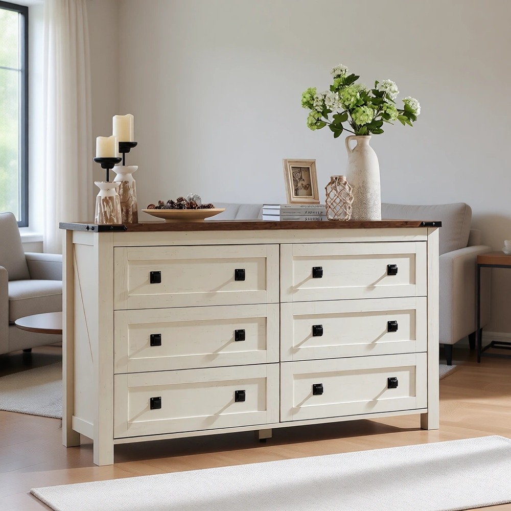Drawer Dresser White - Commode Farmhouse à 6 tiroirs de