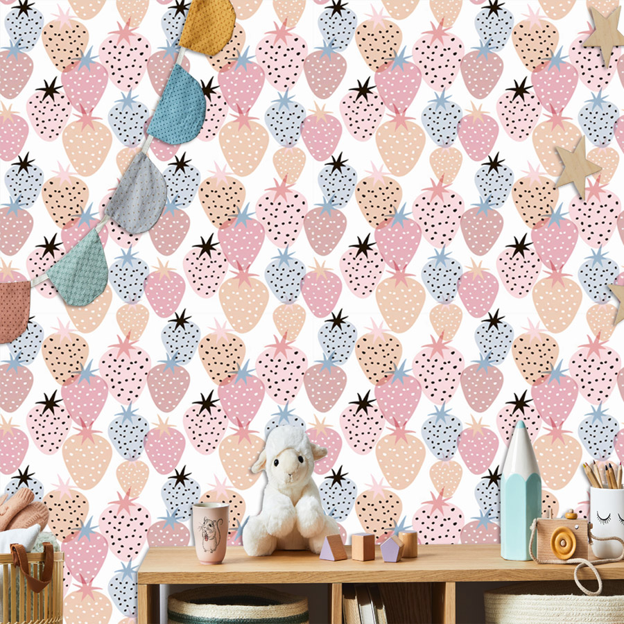 Baby Nursery Mural Wallpaper - Papier peint autocollant motif fraises pour