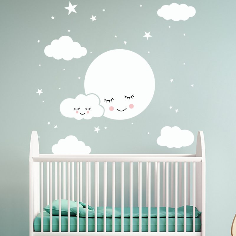 Baby Nursery Mural Wallpaper - Autocollant Mural étoiles nuage souriant de