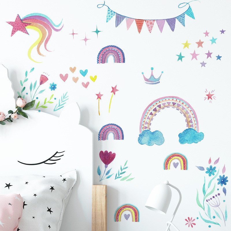 Baby Nursery Mural Wallpaper - Autocollant mural étoiles arc-en-ciel de dessin