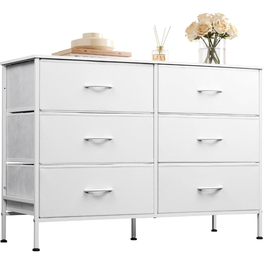 Drawer Dresser White - Commode large avec 6 tiroirs, meuble