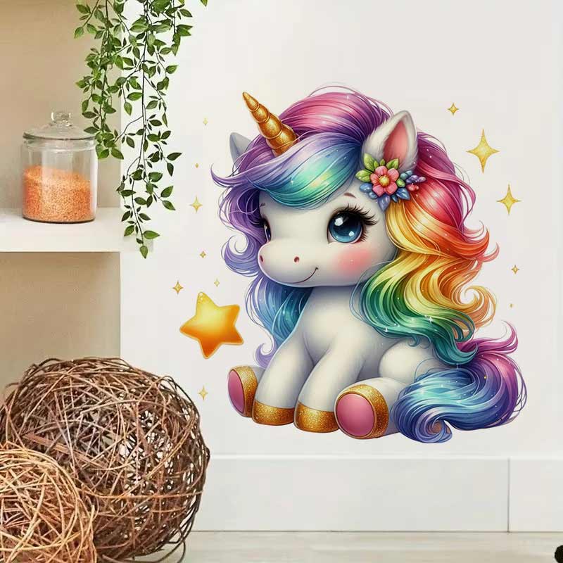 Baby Nursery Mural Wallpaper - Autocollant Mural licorne arc-en-ciel mignon, décoration