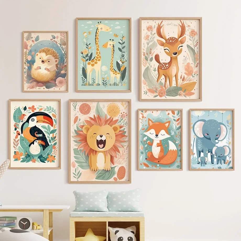 Baby Nursery Giraffe - Tableau mural en toile Lion, Cerf,