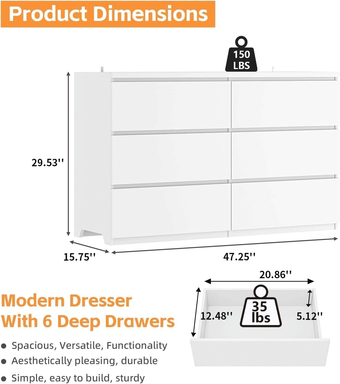 Commode à 6 tiroirs en bois bl - Drawer Dresser White avis et prix