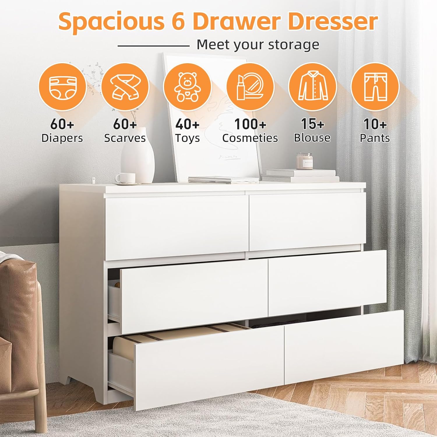 Commode à 6 tiroirs en bois bl - Drawer Dresser White avis et prix