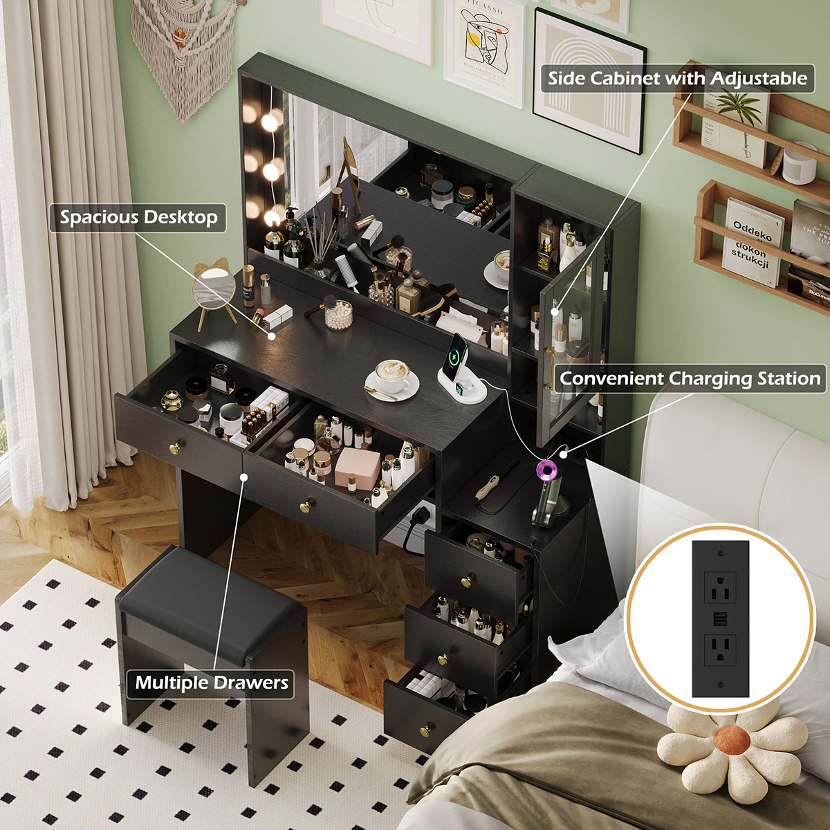 Coiffeuse avec miroir et éclai - Drawer Dresser White avis et prix