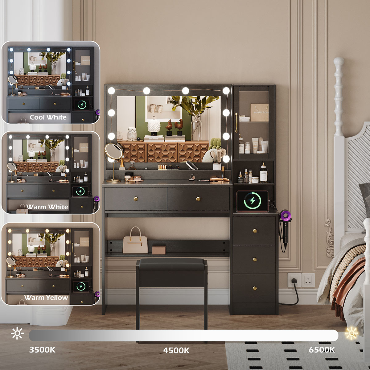 Coiffeuse avec miroir et éclai - Drawer Dresser White avis et prix